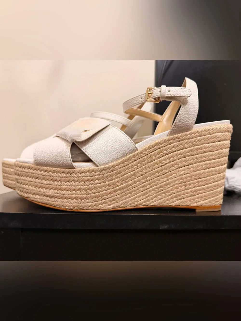 Michael Kors White Leather Platform Wedge Sandals with Gold MK Accent